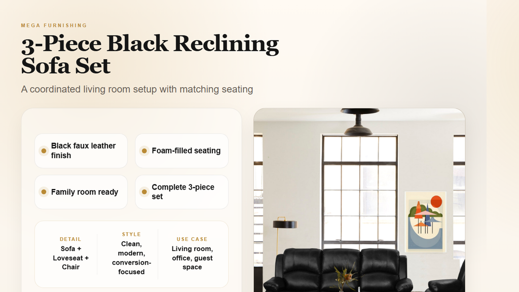 3-Piece Black Reclining Sofa Set detail graphic - MEGA Furnishing