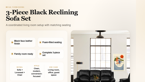 3-Piece Black Reclining Sofa Set detail graphic - MEGA Furnishing