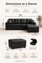 Black sectional dimensions detail graphic - MEGA Furnishing