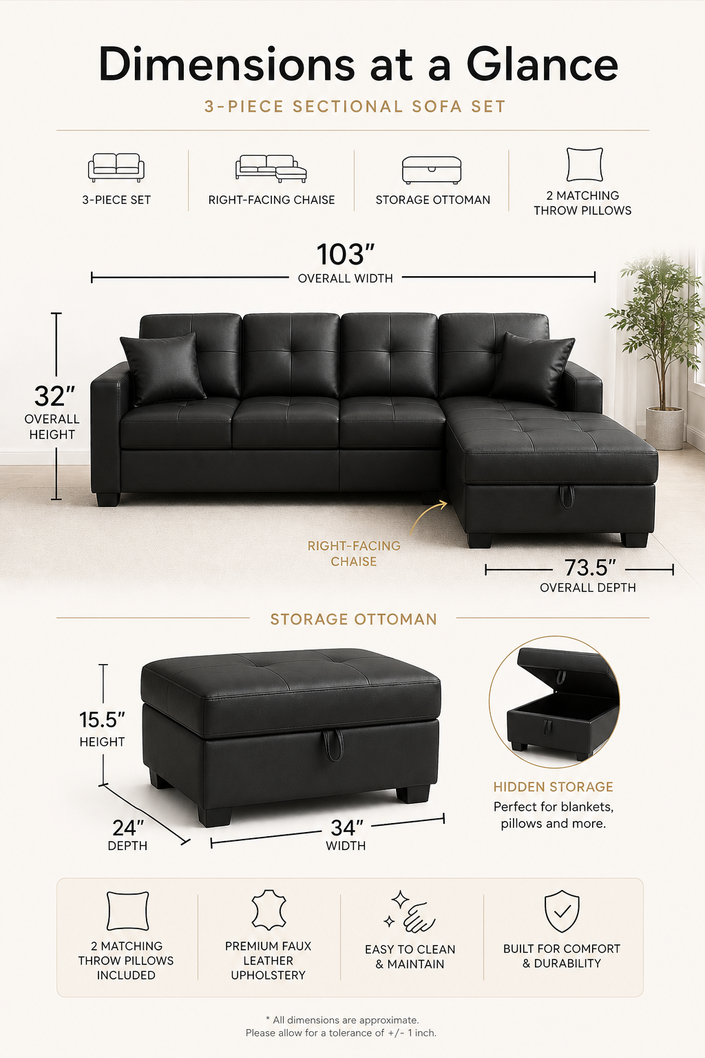 Black sectional dimensions detail graphic - MEGA Furnishing