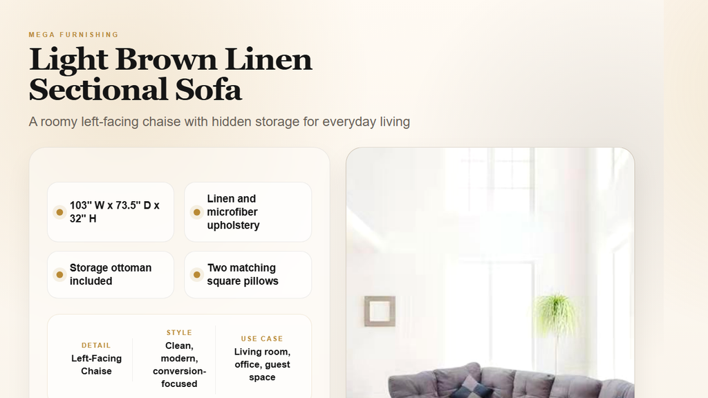 Light brown linen sectional detail graphic - MEGA Furnishing
