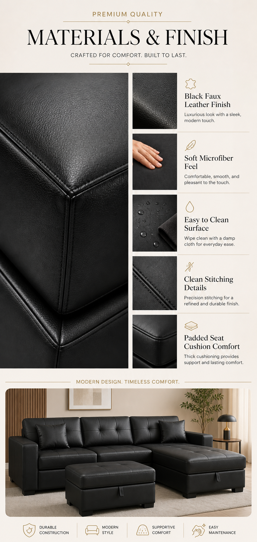 Black sectional materials detail graphic - MEGA Furnishing