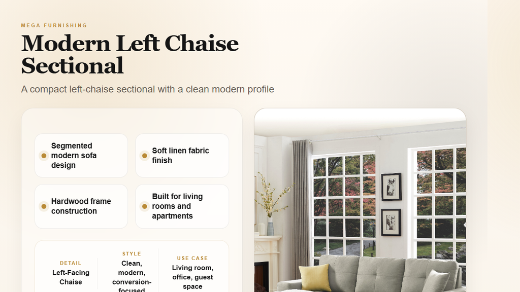 Modern left chaise sectional detail graphic - MEGA Furnishing