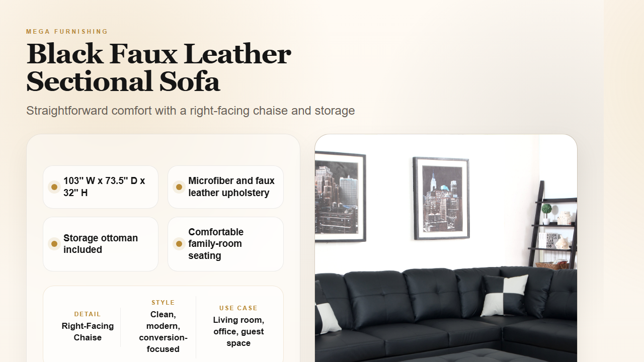 Black faux leather sectional detail graphic - MEGA Furnishing