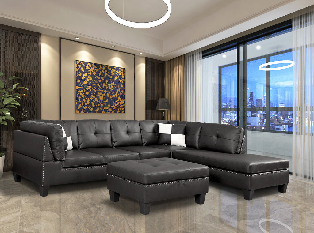 Black Nail Head 3 Piece Sectional Set Lift -Facing chaise Free Storage Ottoman - MEGAFURNISHING