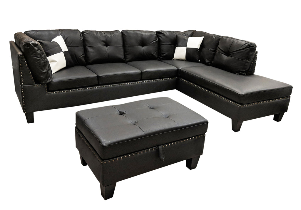 Nail Head 3 Piece Black Sectional Sofa Set Right -Facing chaise with Free Storage Ottoman. - MEGAFURNISHING