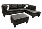 Nail Head 3 Piece Black Sectional Sofa Set Right -Facing chaise with Free Storage Ottoman. - MEGAFURNISHING