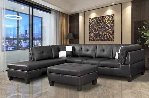 Black Nail Head 3 Piece Sectional Set Lift -Facing chaise Free Storage Ottoman - MEGAFURNISHING