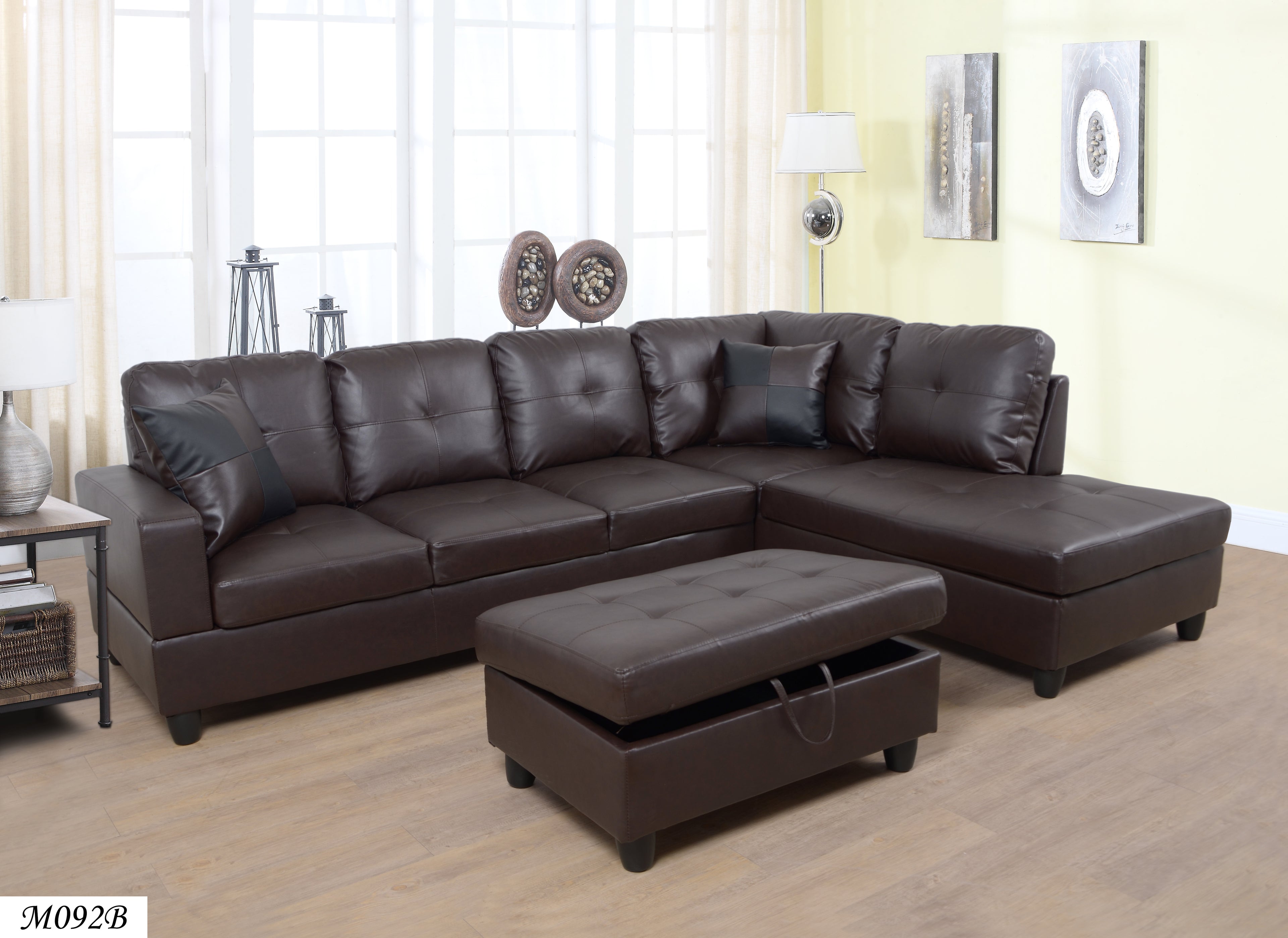 Sectional 3 PC set Brown Faux Leather Right -Facing Chaise Free Storage Ottoman - MEGAFURNISHING