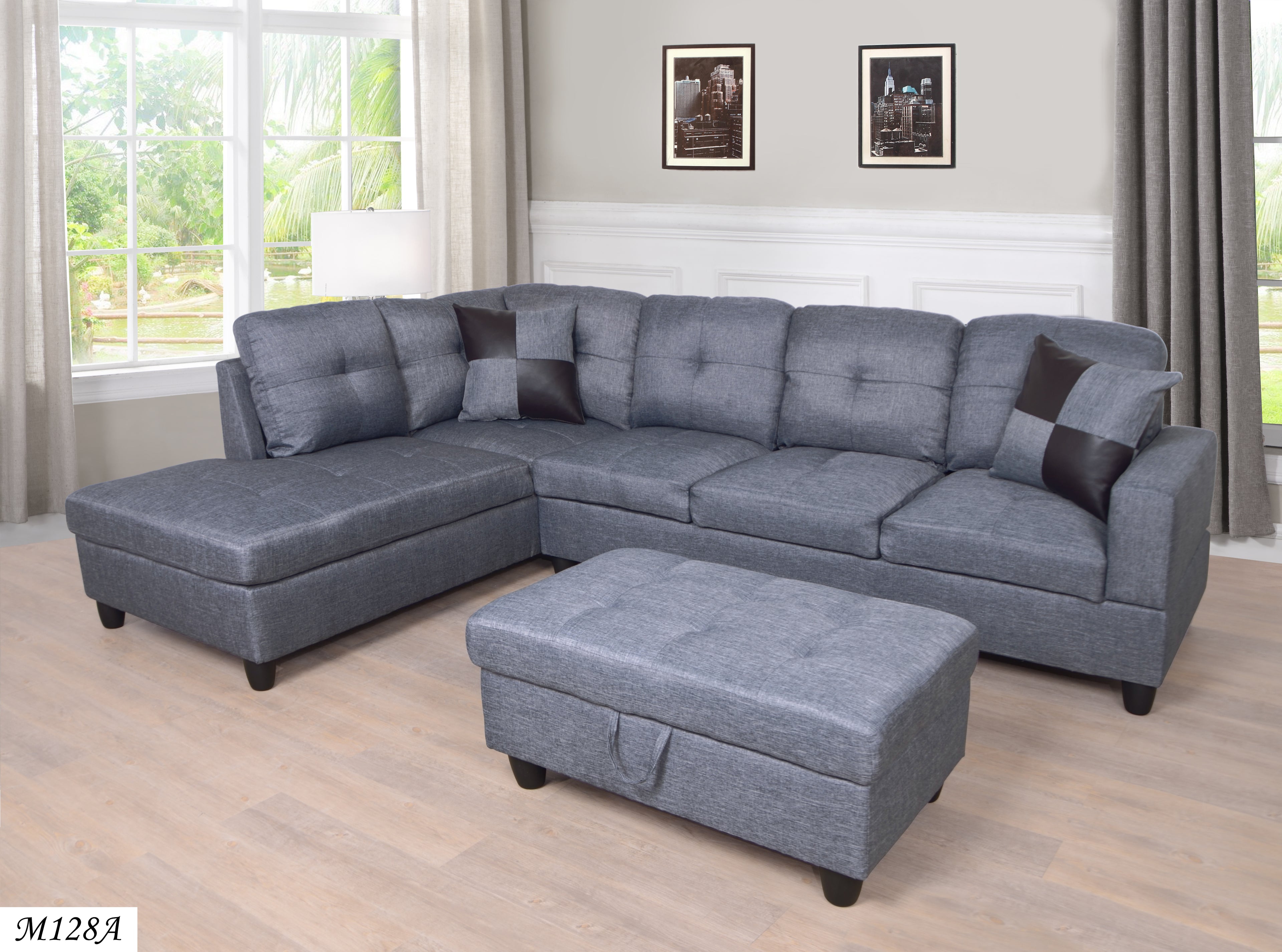 MEGA Furnishing 3 PC Sectional Sofa Set, Gray Linen Lift -Facing Chaise with Free Storage Ottoman - MEGAFURNISHING